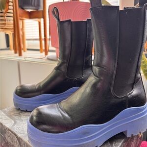 Black and Blue Combat Moto Boots with Chunky Platform